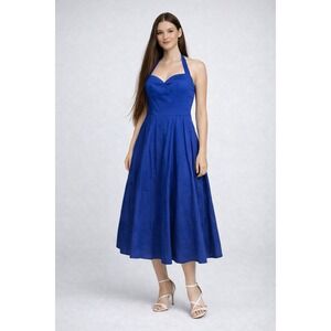 Royal Blue Halter Neck Fit & Flare Midi Dress Smocked Back Women's Size 4XL